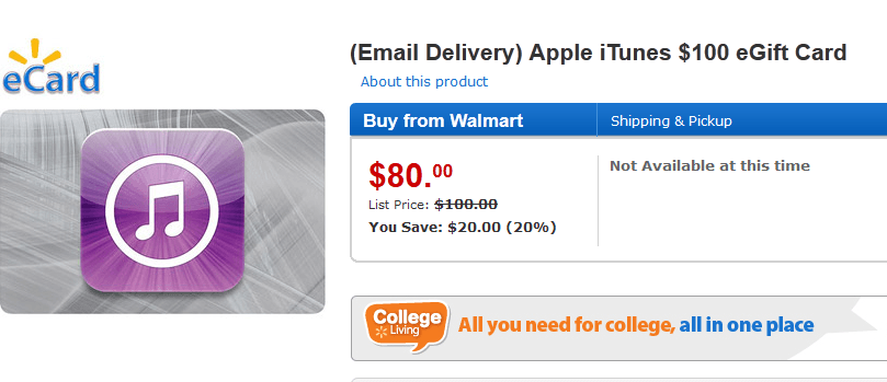 iTunes $100 eGift Card for $80 at Walmart